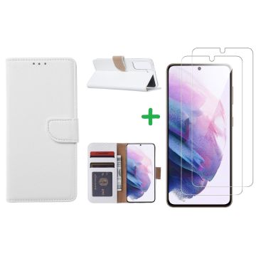 Samsung S21 hoesje bookcase Wit - Samsung Galaxy s21 hoesje bookcase wallet case portemonnee book case hoes cover hoesjes met 2 stuks Screenprotector