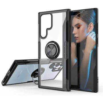 Samsung S22 Ultra hoesje Luxe carbon TPU Backcover - Samsung Galaxy S22 Ultra hoesje met Ring houder / Ring vinger houder / standaard - Zwart