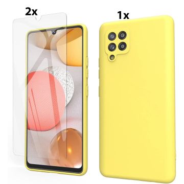 Samsung Galaxy A42 5G Hoesje Soft Nano Silicone Backcover Gel Geel Met 2x Glazen Screenprotector