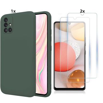 Samsung Galaxy A51 Hoesje Soft Nano Silicone Backcover Gel Donkergroen Met 2x Glazen Screenprotector
