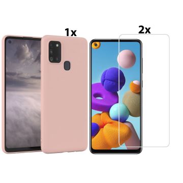 Samsung Galaxy A21s Hoesje Soft Nano Silicone Backcover Gel Licht Roze Met 2x Glazen Screenprotector
