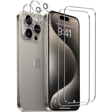 Screenprotector Geschikt voor iPhone 15 Pro Max inclusief Camera lens protector / Tempered glass - Glasplaatje - 2+2 stuks