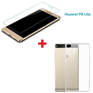 Nieuwe Huawei P8 Lite Tempered glass / Screenprotector + Ultra Dun Transparant silicone hoesje