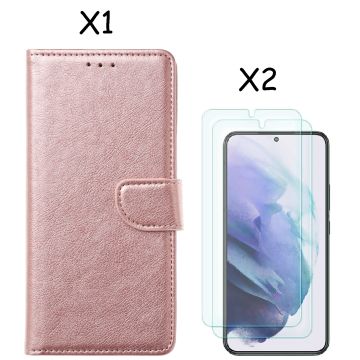 Samsung S22 hoesje Rose Goud Samsung Galaxy S22 5G hoesje bookcase portemonnee cover - Samsung hoesje S22 - Samsung S22 screenprotector / 2X Beschermglas