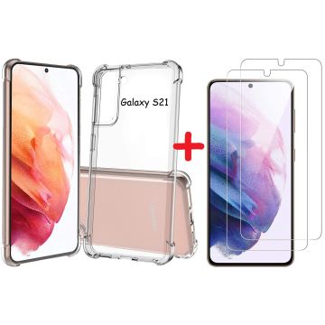 Samsung Galaxy S21 hoesje Anti Shock Back Case + 2x Glazen Screenprotector / tempered glass