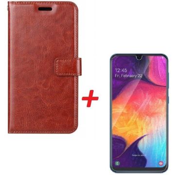 Ntech Samsung Galaxy A40 Portemonnee hoesje Bruin met Glazen screenprotector