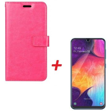 Ntech Samsung Galaxy A40 Portemonnee hoesje Roze met Glazen screenprotector