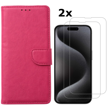 Hoesje Geschikt voor iPhone 15 Pro Max hoesje bookcase met 2x screenprotector – Roze