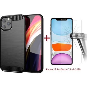 Hoesje Geschikt voor iPhone 12 Pro Max Hoesje Geborsteld Tpu hoesje Zwart & 2x tempered glass