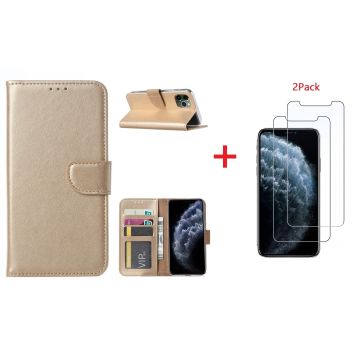 Hoesje Geschikt voor iPhone 11 Pro Max Portemonnee hoesje + 2X Screenprotector - Goud
