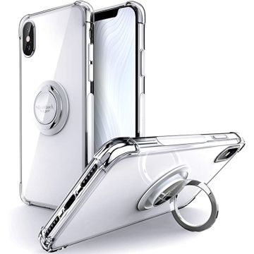 Hoesje Geschikt voor iPhone X hoesje silicone met ringhouder Back Cover case - Transparant/Zilver
