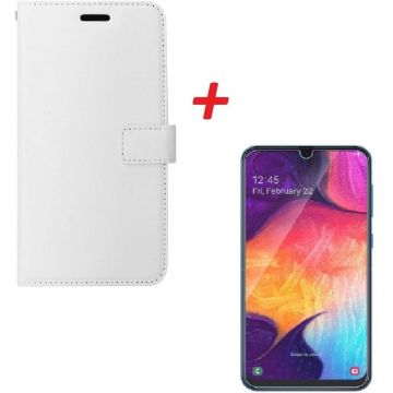 Ntech Samsung Galaxy A40 Portemonnee hoesje Wit met Glazen screenprotector