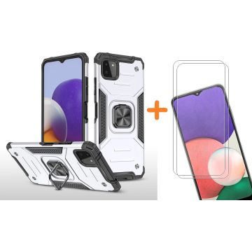 Samsung A22 Hoesje Heavy Duty Armor Hoesje Zliver - Samsung Galaxy A22 5G Case Kickstand Ring cover met Magnetisch Auto Mount- Samsung A22 5G screenprotector 2 pack