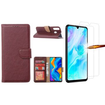 Huawei P30 Lite New Edition Hoesje / P30 Lite portemonnee hoesje Bordeaux / book case met 2 pack screenprotector