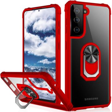 Samsung S21 hoesje - Premium Shock Proof hoesje transparant Rood randen backcover case met kickstand - Samsung Galaxy S21 hoesje met Ring houder / Ring vinger houder / standaard