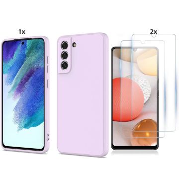 Samsung Galaxy S21 FE Hoesje Soft Nano Silicone Backcover Gel Lila Paars Met 2x Glazen Screenprotector
