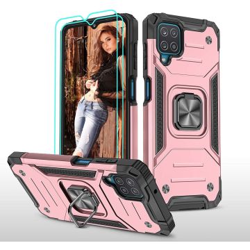 Samsung A22 Hoesje Heavy Duty Armor Hoesje Rose Goud - Samsung Galaxy A22 5G Case Kickstand Ring cover met Magnetisch Auto Mount- Samsung A22 5G screenprotector 2 pack