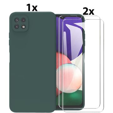 Samsung Galaxy A22 5G Hoesje Soft Nano Silicone Backcover Gel Donkergroen Met 2x Glazen Screenprotector
