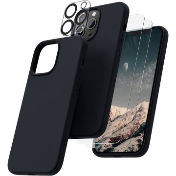 Hoesje Geschikt voor iPhone 14 Plus – Liquid siliconen backcover met 2x glazen screenprotector en camera lens protector – Zwart
