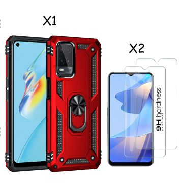 Oppo A16 Hoesje armor Met ring houder Rood - Oppo A16s hoesje / Oppo A54s hoesje met Kickstand TPU backcover hoesje - Oppo A16 / A16s screenprotector 2 pack