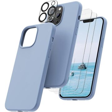 Hoesje Geschikt voor iPhone 14 – Liquid siliconen backcover met 2x glazen screenprotector en camera lens protector – Licht Blauw