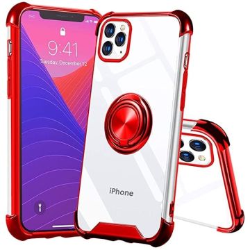 Hoesje Geschikt voor iPhone 12 hoesje silicone met ringhouder Back Cover case - Transparant/Rood