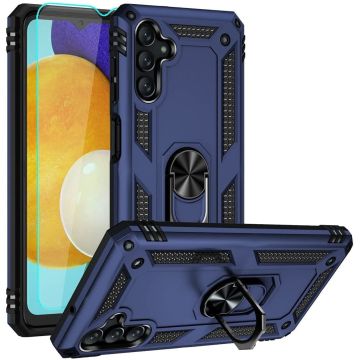 Samsung Galaxy A13 5G / A04s Hoesje met Ring Houder – TPU backcover – Met 2x screenprotector gehard glas – Blauw