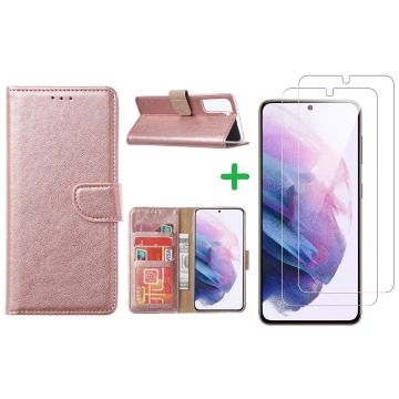Samsung S21 hoesje bookcase Rose Goud - Samsung Galaxy s21 hoesje bookcase wallet case portemonnee book case hoes cover hoesjes met 2 stuks Screenprotector
