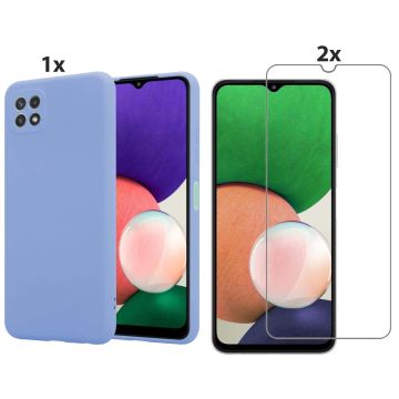 Samsung Galaxy A22 5G Hoesje Soft Nano Silicone Backcover Gel Lila Paars Met 2x Glazen Screenprotector