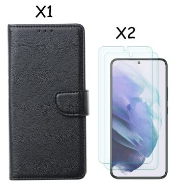Samsung S22 Plus hoesje Zwart Samsung Galaxy S22 Plus 5G hoesje bookcase portemonnee cover - Samsung hoesje S22 Plus - Samsung S22 Plus screenprotector / 2X Beschermglas