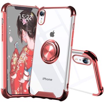 Hoesje Geschikt voor iPhone X hoesje silicone met ringhouder Back Cover case - Transparant/Rosegoud