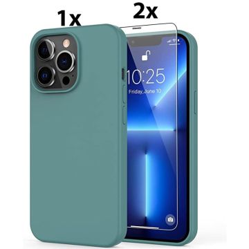 Hoesje Geschikt voor iPhone 12/12 Pro Soft Nano siliconen Gel Donkergroen Hoesje Met 2X Glazen screenprotector