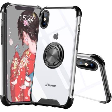 Hoesje Geschikt voor iPhone X hoesje silicone met ringhouder Back Cover case - Transparant/Zwart