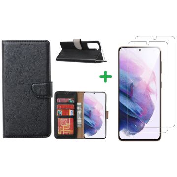Samsung S21 hoesje bookcase zwart - Samsung Galaxy s21 hoesje bookcase wallet case portemonnee book case hoes cover hoesjes met 2 stuks Screenprotector