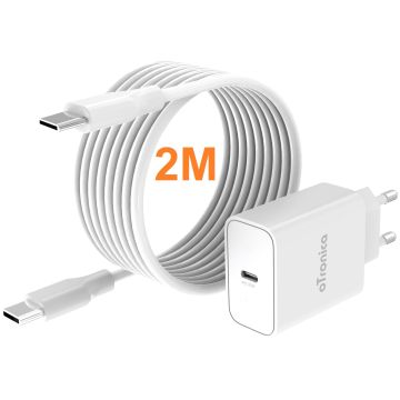 Otronica USB C Adpater 30W snellader met USB C naar USB C kabel 2M Geschikt voor Samsung Galaxy Flip 6 / 5 / Fold 5/6 / A35 / A15 / A14 / A55  / S24 / S24 Ultra / S23 / S23 ultra / S21 Ultra/ Tab A9 Plus / A8  iPhone 15 / 15 Pro / Max / S20 / S23 FE