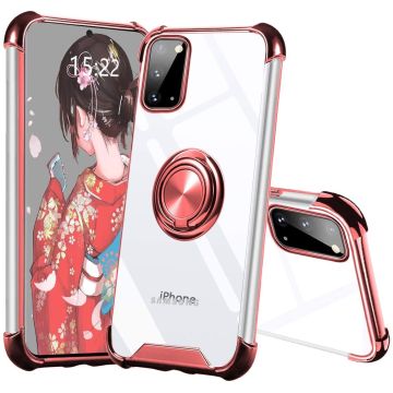 Samsung Galaxy A71 hoesje silicone met ringhouder Back Cover Case - Transparant/Rosegoud