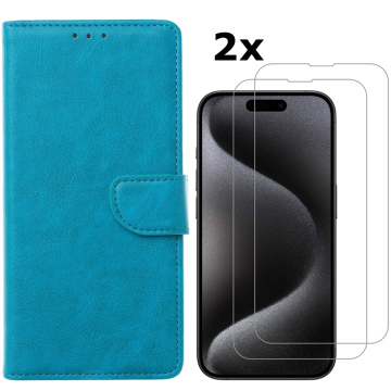 Hoesje Geschikt voor iPhone 15 Pro Max hoesje bookcase met 2x screenprotector – Blauw