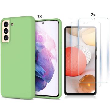 Samsung Galaxy S21 Hoesje Soft Nano Silicone Backcover Gel Thea Green Met 2x Glazen Screenprotector