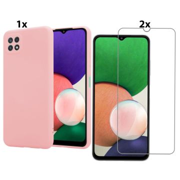 Samsung Galaxy A22 4G Hoesje Soft Nano Silicone Backcover Gel Roze Met 2x Glazen Screenprotector