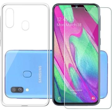 Ntech Samsung Galaxy A40 Hoesje Transparant TPU Siliconen + Screenprotector Gehard Glas