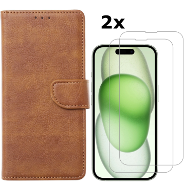 Hoesje Geschikt voor iPhone 15 hoesje bookcase met 2x screenprotector – Bruin