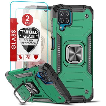 Samsung A12 Hoesje Heavy Duty Armor Hoesje Donker Groen - Galaxy A12 Case Kickstand Ring cover met Magnetisch Auto Mount- Samsung A12 screenprotector 2 pack