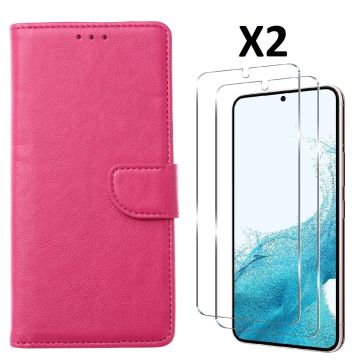 Hoesje Geschikt Voor Samsung Galaxy S23 Hoesje met Pasjeshouder - bookcase – Met 2x Screenprotector / gehard glas – Roze