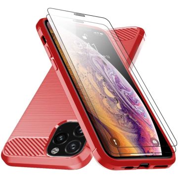 Hoesje Geschikt voor iPhone 12 / 12 Pro Hoesje Geborsteld / Hoesje Geschikt voor iPhone 12 pro brushed Tpu backcover Rood & 2x tempered glass