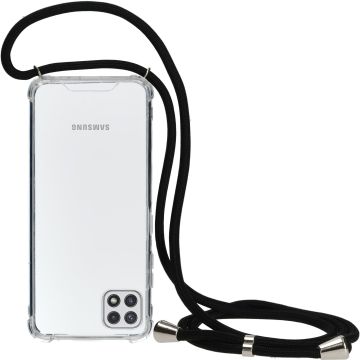 Samsung A22 Hoesje transparant silicone met Koord - Galaxy A22 4G hoesje met koord - hoesje Samsung Galaxy A22 met koord draagkoord TPU backcover - Zwart