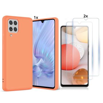 Samsung Galaxy A42 5G Hoesje Soft Nano Silicone Backcover Gel Oranje Met 2x Glazen Screenprotector