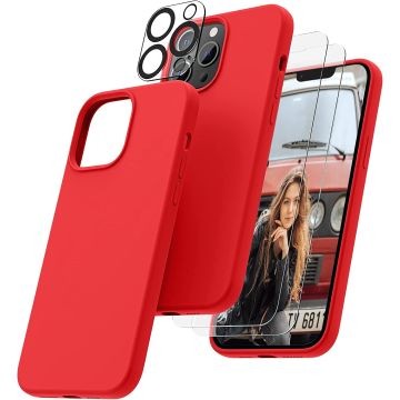 Hoesje Geschikt voor iPhone 14 Pro Max – Liquid siliconen backcover met 2x glazen screenprotector en camera lens protector – Rood