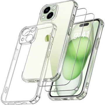 iPhone 15 Hoesje transparant Anti Shock silicone hoesje met 2x Screenprotector Glazen