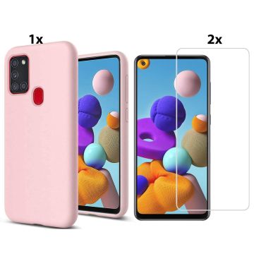 Samsung Galaxy A21s Hoesje Soft Nano Silicone Backcover Gel Roze Met 2x Glazen Screenprotector