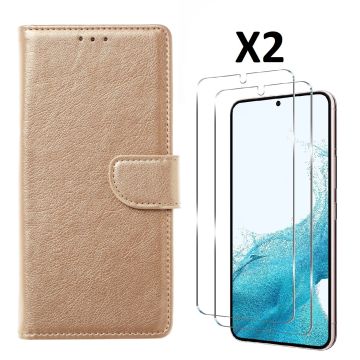 Hoesje Geschikt Voor Samsung Galaxy S23 Hoesje met Pasjeshouder - bookcase – Met 2x Screenprotector / gehard glas – Goud